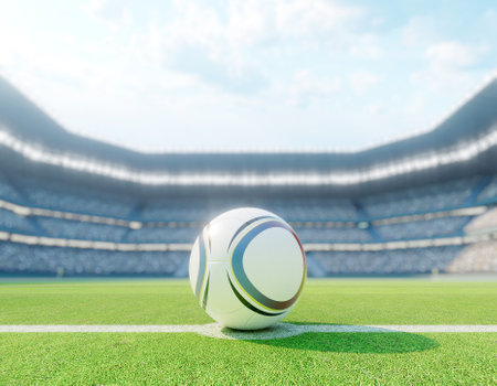 A soccer ball on the centre line of a soccer stadium with goals on a marked green grass pitch in the day time - 3D renderの写真素材