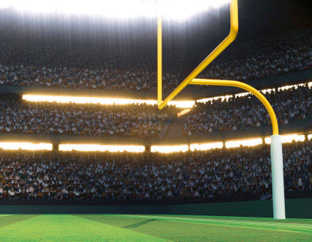 An American football stadium with posts on a marked green grass pitch at night under illuminated floodlights - 3D renderの写真素材