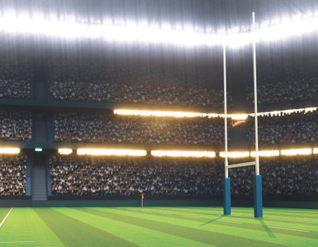 A rugby stadium with posts on a marked green grass pitch at night under illuminated floodlights - 3D renderの写真素材