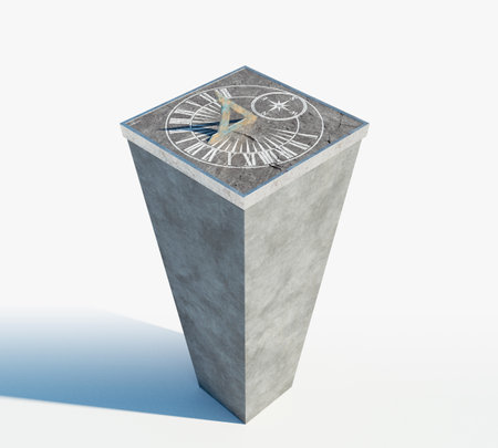 A square stone sundial with etched roman numerals standing an a monolithic rock base on an isolated studio background - 3D renderの写真素材