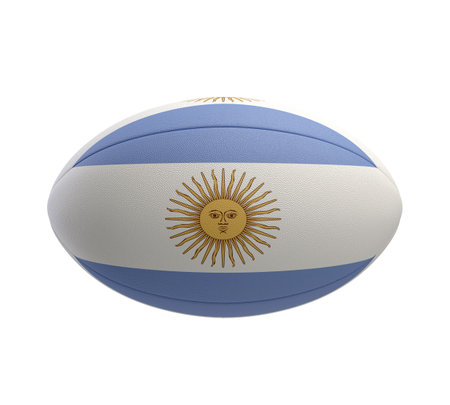 A white textured rugby ball with color design representing the Argentina national flag on a isolated background - 3D renderの写真素材