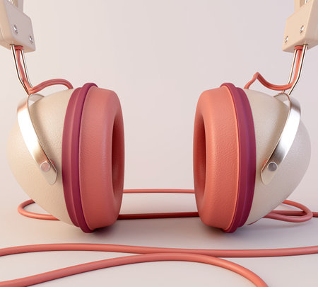 A vintage set of classic headphones  with a cable and jack plug in a modern pink color combination on an isolated background - 3D renderの写真素材