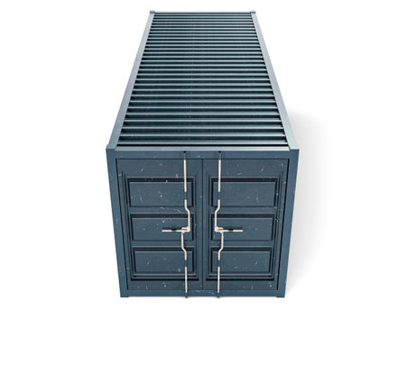 A shipping container with shut doors and a locking mechanism on an isolated white background - 3D...