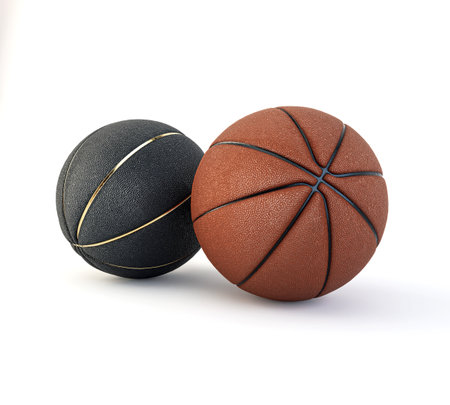 A pair of regulation orange and black rubber basketballs on an isolated white studio background - 3D renderの写真素材