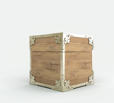 A shut ornate antique open jack-in-the-box mad of wood and gold trimmings on an isolated white studio background - 3D renderの写真素材