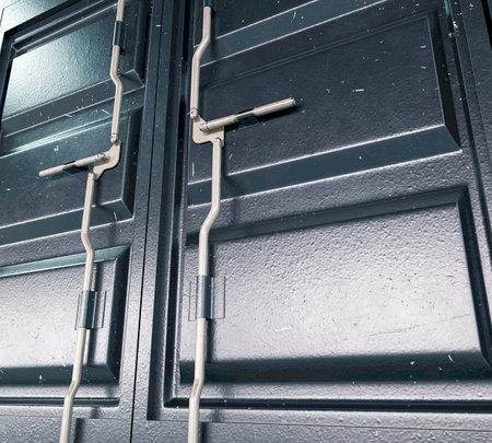 A shipping container with shut doors and a locking mechanism on an isolated white background - 3D renderの写真素材
