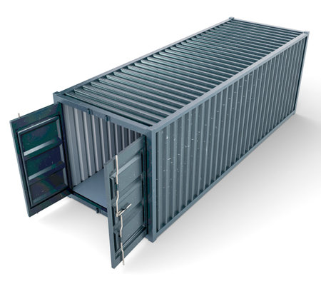 A shipping container with open doors and a locking mechanism on an isolated white background - 3D...