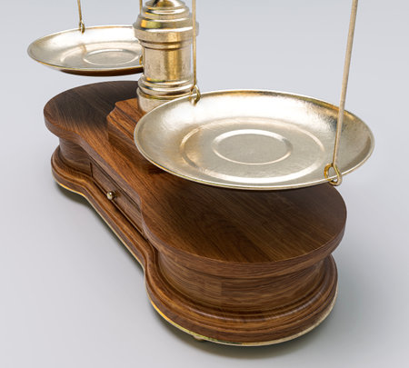 Ornate brass justice scales with a wooden base on a white isolated background - 3D renderの写真素材