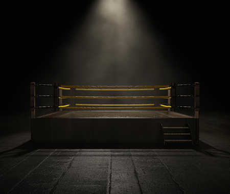 A modern wrestling ring with yellow ropes spotlit on a dark and ominous isolated background - 3D renderの写真素材
