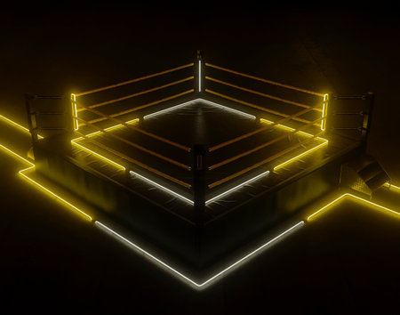 A futurist cyberpunk concept of a wrestling ring lit by illuminated yellow neon lights on a dark isolated background - 3D renderの写真素材