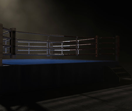 A modern boxing ring with opposing blue and red corners spotlit on a dark and ominous isolated background - 3D renderの写真素材