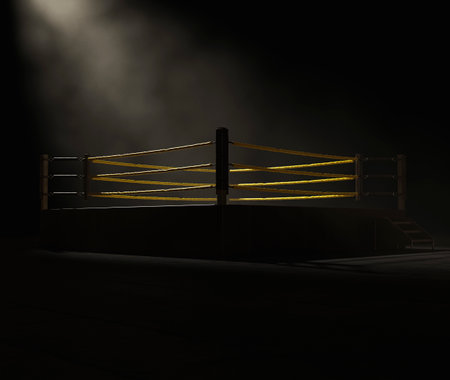 A modern wrestling ring with yellow ropes spotlit on a dark and ominous isolated background - 3D renderの写真素材