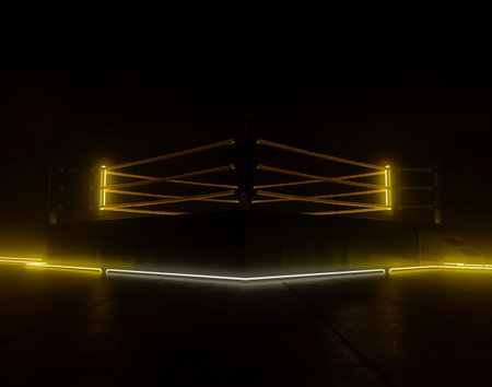 A futurist cyberpunk concept of a wrestling ring lit by illuminated yellow neon lights on a dark isolated background - 3D renderの写真素材