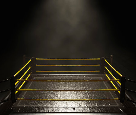 A modern wrestling ring with yellow ropes spotlit on a dark and ominous isolated background - 3D renderの写真素材