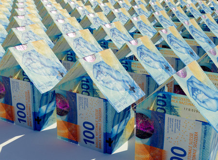 A concept of franc bank notes folded into the shape of a mass of simple houses on an isolated background - 3D renderの写真素材