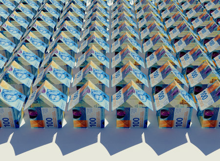 A concept of franc bank notes folded into the shape of a mass of simple houses on an isolated background - 3D renderの写真素材