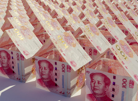 A concept of yuan bank notes folded into the shape of a mass of simple houses on an isolated background - 3D renderの写真素材
