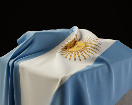 A argentina flag draped over a stone plinth on an isolated dark studio background - 3D renderの写真素材