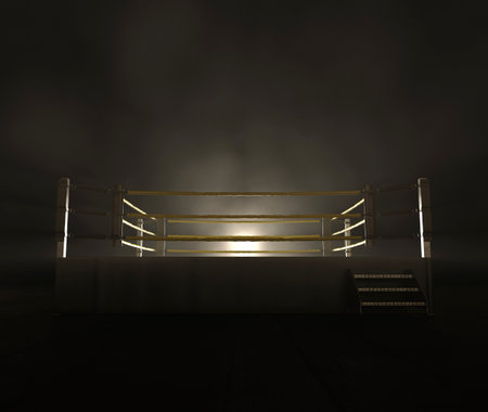 A modern wrestling ring with yellow ropes backlit by a bright spotlight on a dark and ominous isolated background - 3D renderの写真素材