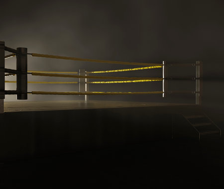 A modern wrestling ring with yellow ropes backlit by a bright spotlight on a dark and ominous isolated background - 3D renderの写真素材