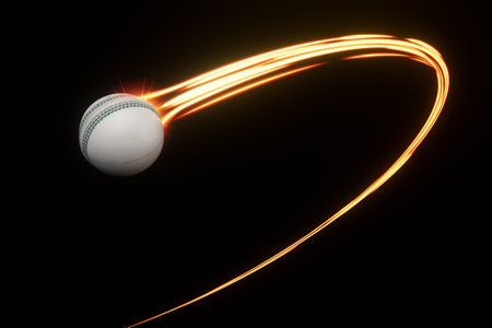 A white cricket sport ball flying through the air with a flowing travelling trail of glowing wispy lights on an isolated background - 3D renderの写真素材