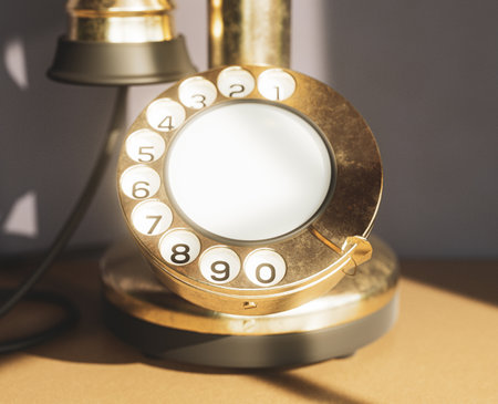 A vintage retro candlestick bell telephone made of brass on a shelf in morning lighting against a wall - 3D renderの写真素材