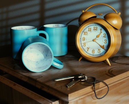 A concept scene showing a vintage alarm clock on a bed side table with dirty coffee mugs keys and and a stained top at night - 3D Renderの写真素材