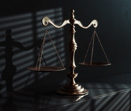 A gold justice balance scale on a shelf against a wall dimly lit by evening light through a window  - 3D renderの写真素材
