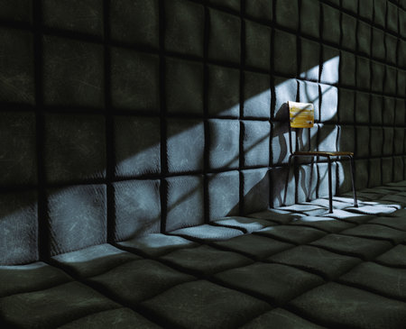 A dark dirty white padded cell in a mental asylum hospital with an empty yellow chair lit by a...