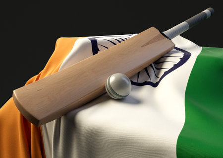 A plinth with a cricket ball and bat resting on a draped India flag - 3D render