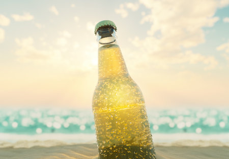 A beer bottle covered in water spritz and condensation droplets resting in beach sand with a blue...