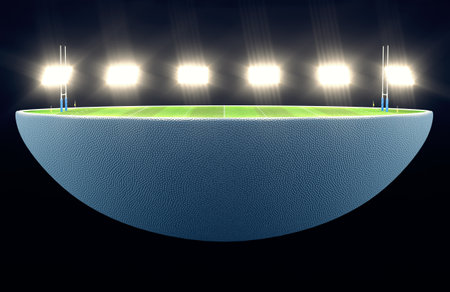 A rugby ball split in half revealing a marked green grass rugby pitch with goals at night under illuminated floodlights - 3D renderの写真素材