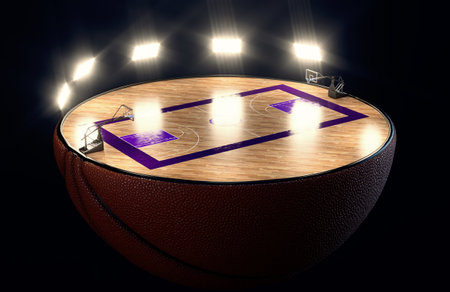 A basketball ball split in half revealing a marked wooden court with hoops at night under illuminated floodlights - 3D renderの写真素材