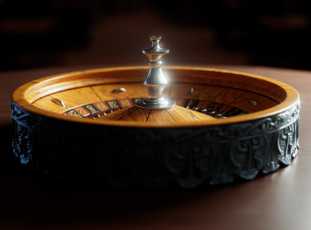 A closeup of a vintage antique roulette wheel with red and black markers with an ornate base on an isolated background - 3D renderの写真素材