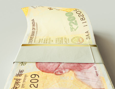 A bundled wad of India Rupee banknotes on an isolated light background - 3D render