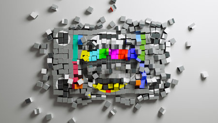 A concept of a break in transmission  signal TV colour bars test card screen fragmented into a pile...