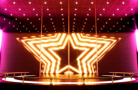 An empty strip club dancing stage with three poles and an illuminated LED screen backdrop - 3D renderの写真素材