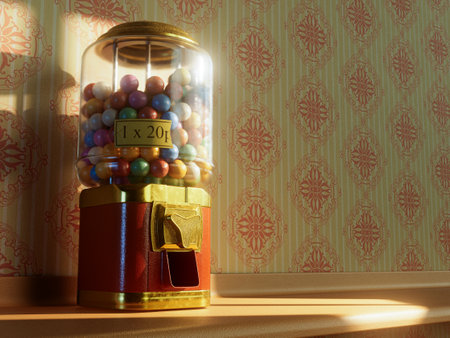 A red and brass vintage gumball dispensing machine filled with multicolored gumballs on a shelf mounted on a retro 60's wallpaper - 3D renderの写真素材