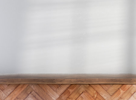 A wooden shelf surface on a white wall background backdrop - 3D renderの写真素材