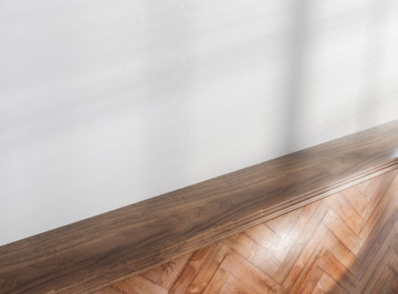 A wooden shelf surface on a white wall background backdrop - 3D renderの写真素材