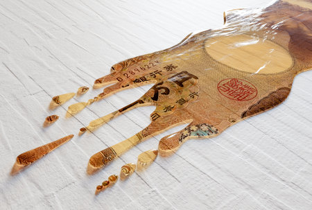 A concept image showing a regular Japan Yen banknote that is melted and liquified dripping on an...