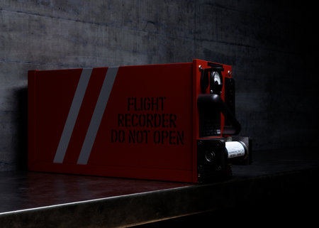 A regular aviation flight recorder black box painted in orange on metal shelf in a dark room - 3D...