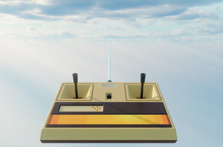 A generic vintage eighties model airplane remote control with an antenna on a blue sky background - 3D renderの写真素材