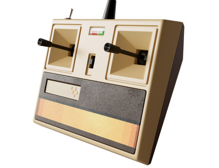 A generic vintage eighties model airplane remote control with an antenna on an isolated white...