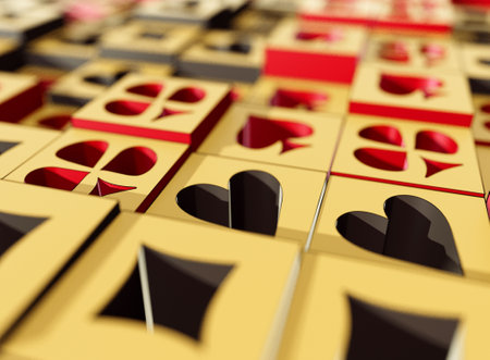 A cartoon illustration of a flat array of extruded black and red casino card heart, diamond, spade,...