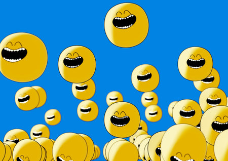 A concept showing a mass of round yellow heads with big smiley faces bouncing in the air on a light background - 3D renderの写真素材