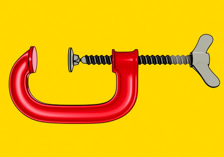 A cartoon illustration red vintage styled G-clamp tool on an isolated yellow studio background - 3D renderの写真素材