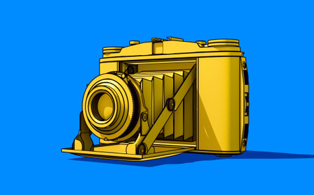 A catoon illustration of a vintage analogue SLR camera on a blue background - 3D render