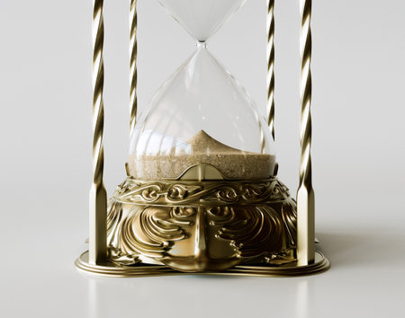An ornate antique brass hourglass sand timer on a white background - 3D render