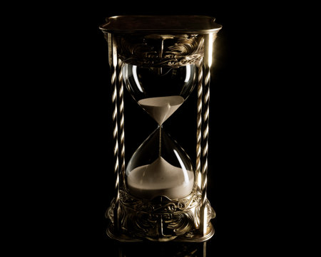 An ornate antique brass hourglass sand timer on a dark black background - 3D render